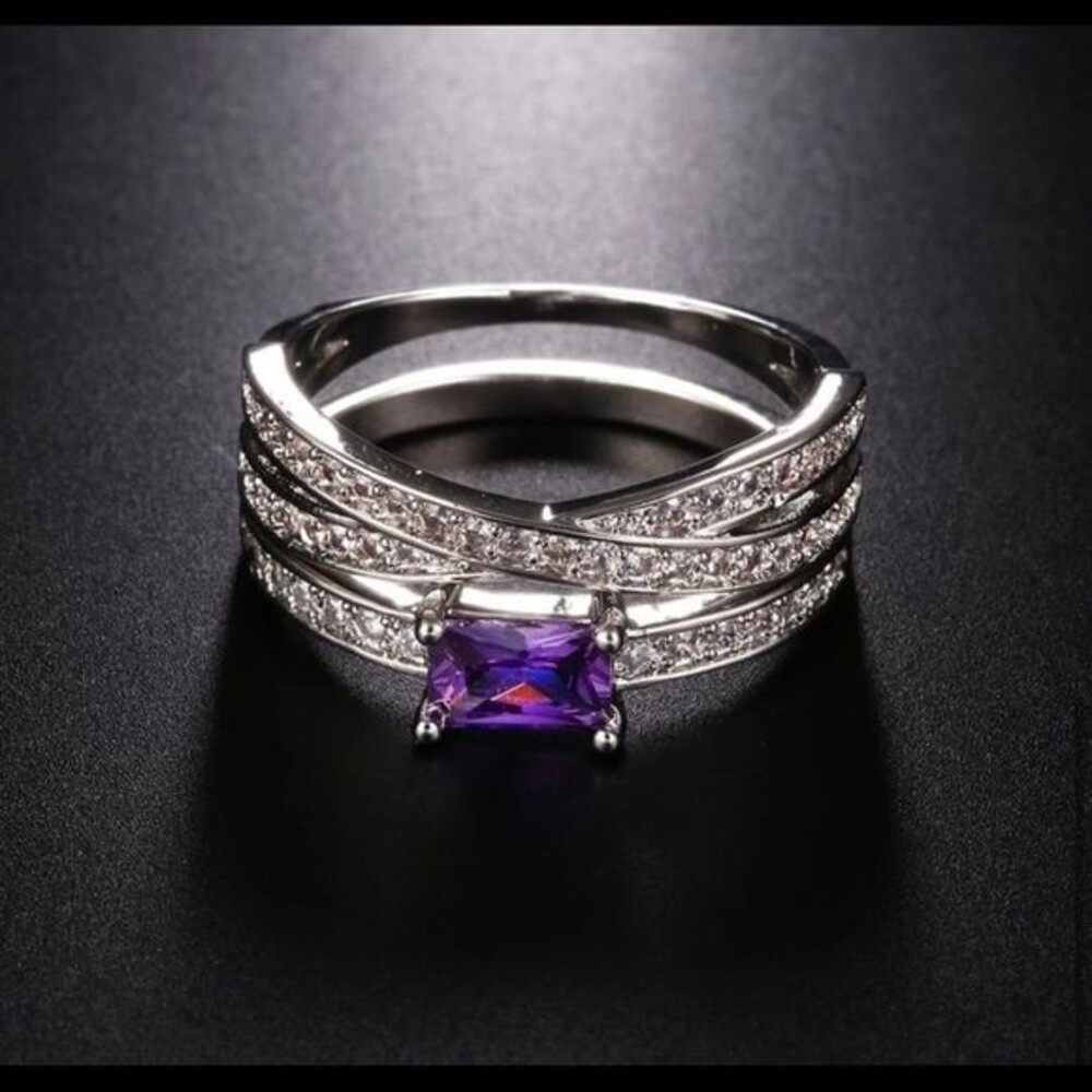 Purple Zircon Silver Plated Solitaire Ring Set.